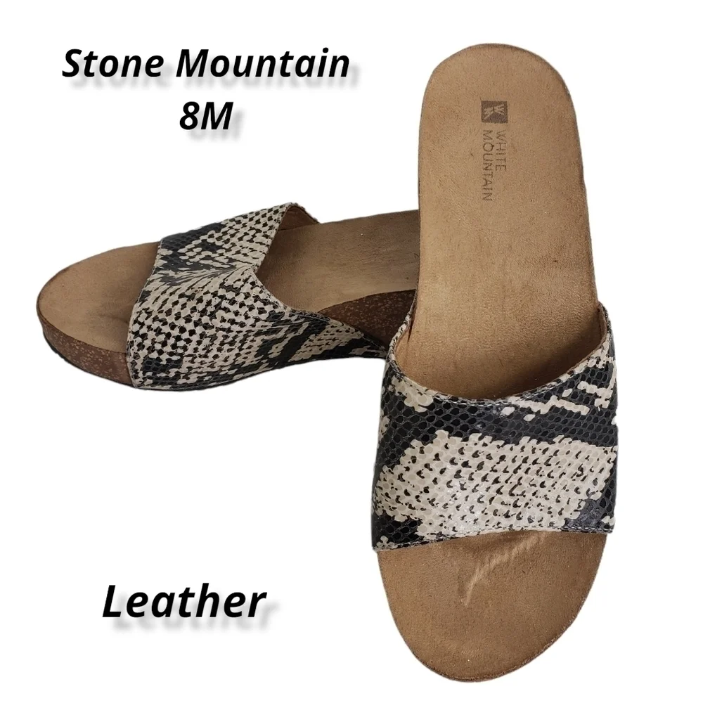 STONE Mountain Leather Snake Print Platform Slides 8M Cream Tan Black EUC